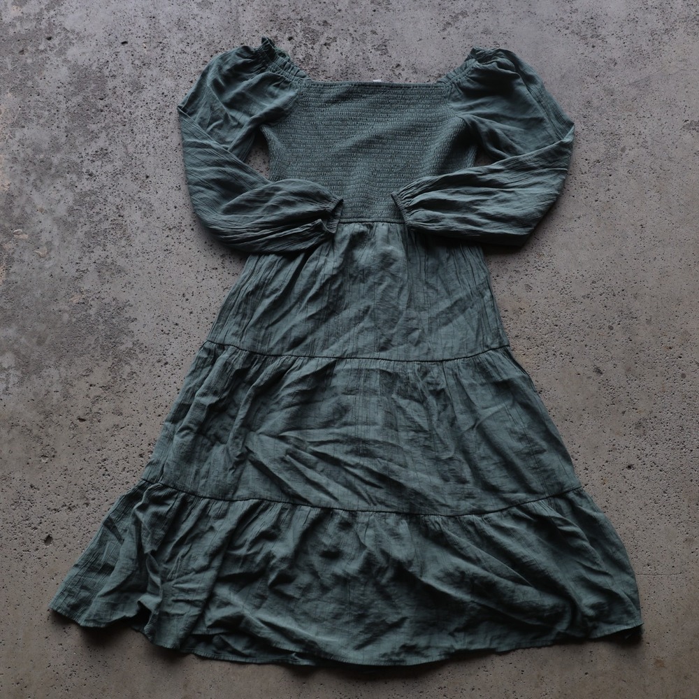 Rokoko Sage Green Tiered Midi Dress Womens Size Large Smocked Balloon Sleeve